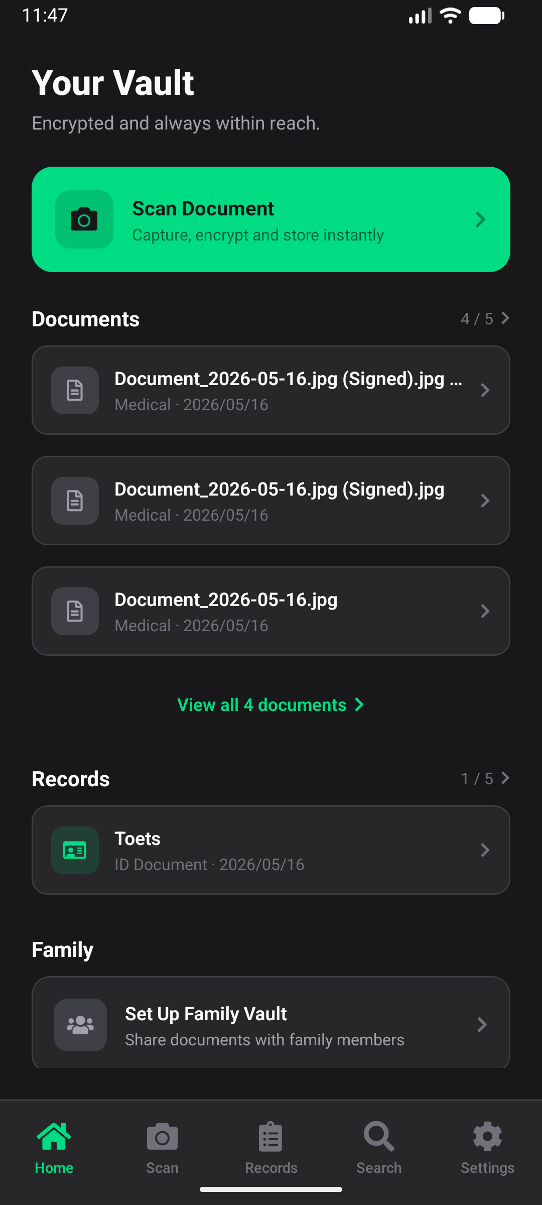 Vaultneur Legacy Binder — home screen