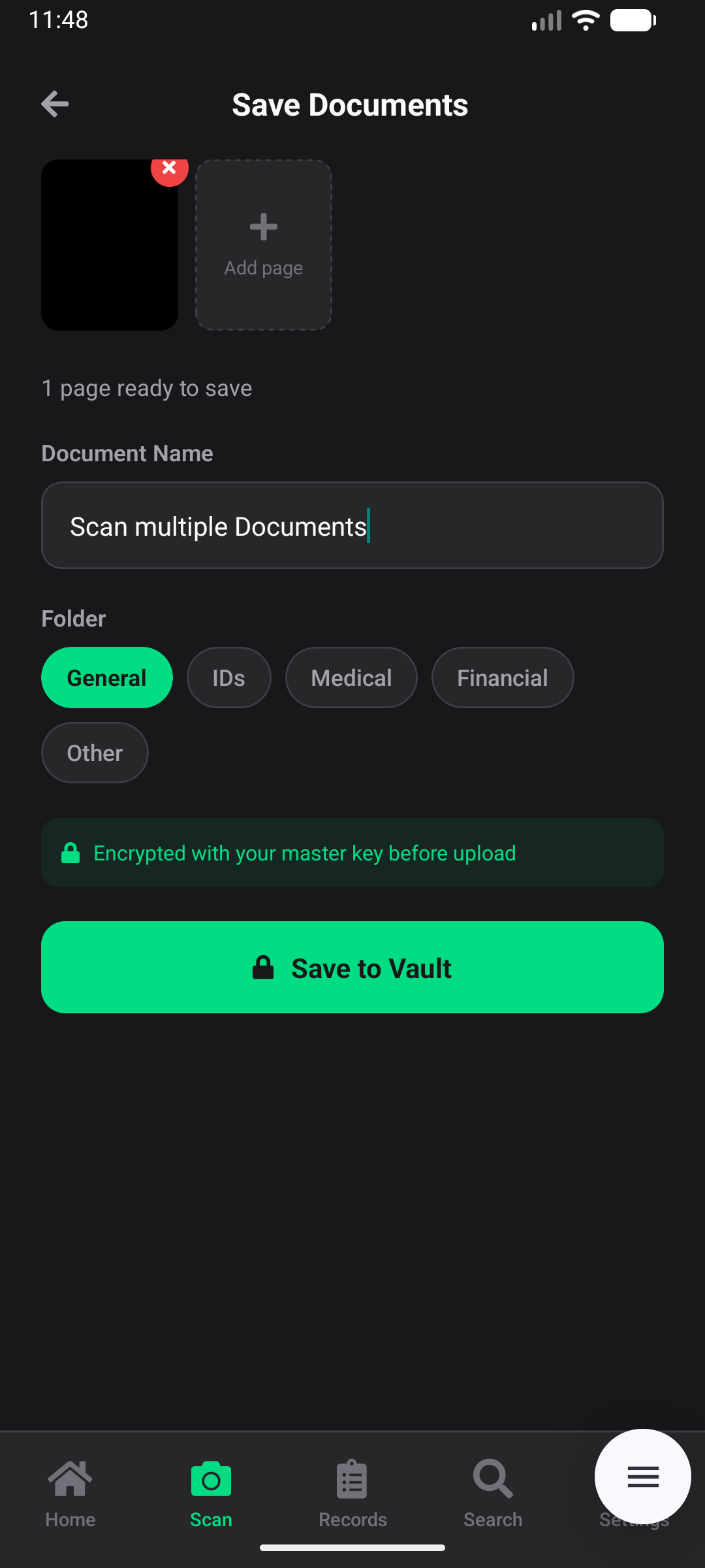 Vaultneur Legacy Binder — save documents, encrypted on-device