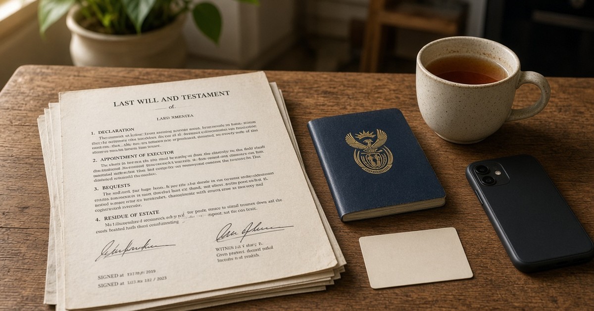 A printed will, South African passport, blank card and phone laid out on a wooden kitchen table