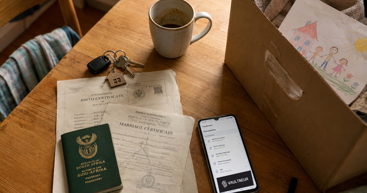 A South African passport, unabridged certificates and a phone with a document app on a kitchen table beside a packed moving box