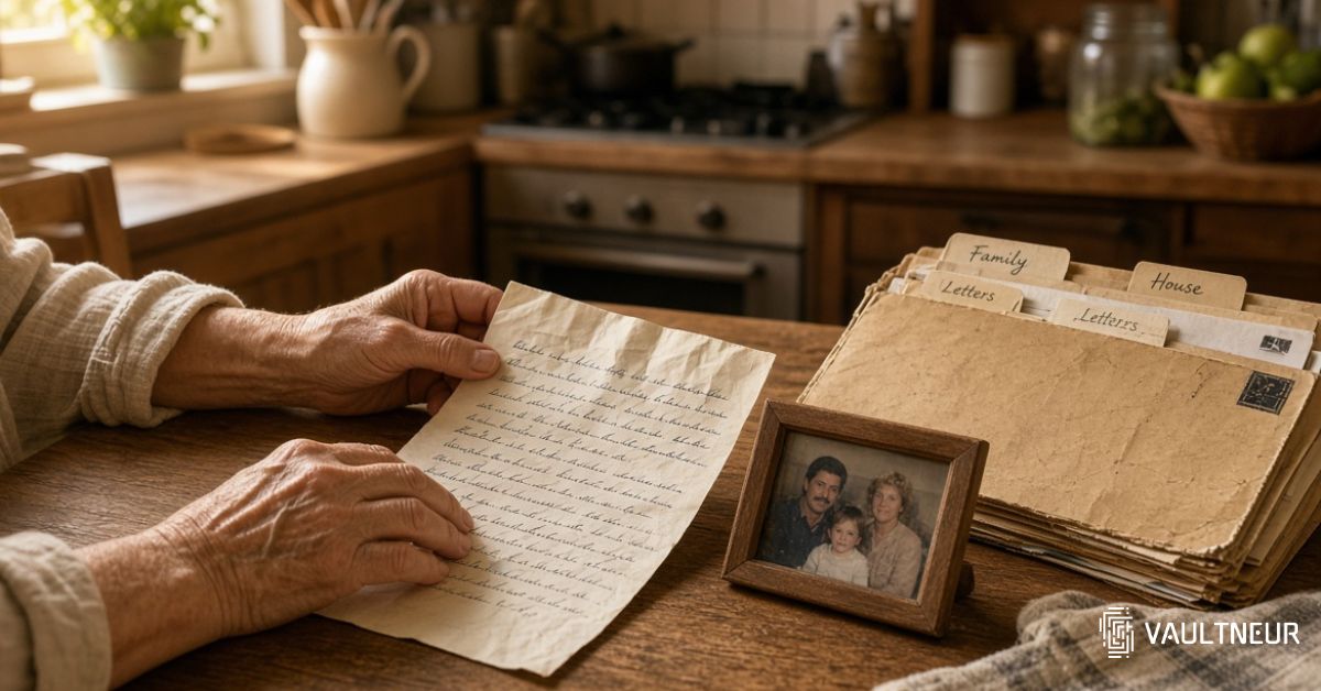 A handwritten letter beside a family photograph and a document folder on a wooden kitchen table