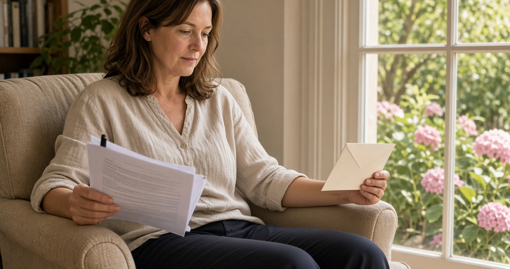 A laptop with a chat window, a printed draft and a signed will in a plain envelope on a kitchen table
