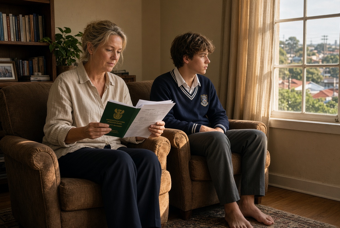 A parent and a teenager sitting by a window, the adult holding an ID booklet and a folded letter