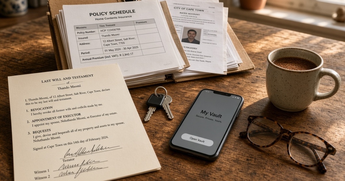 A signed South African will, a ring binder of household papers and a phone on a kitchen table in late afternoon light