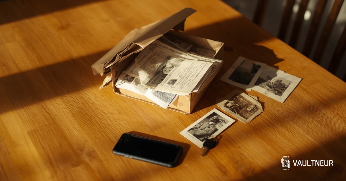 A kitchen table in daylight with a shoebox of family documents partly unpacked and a phone beside it