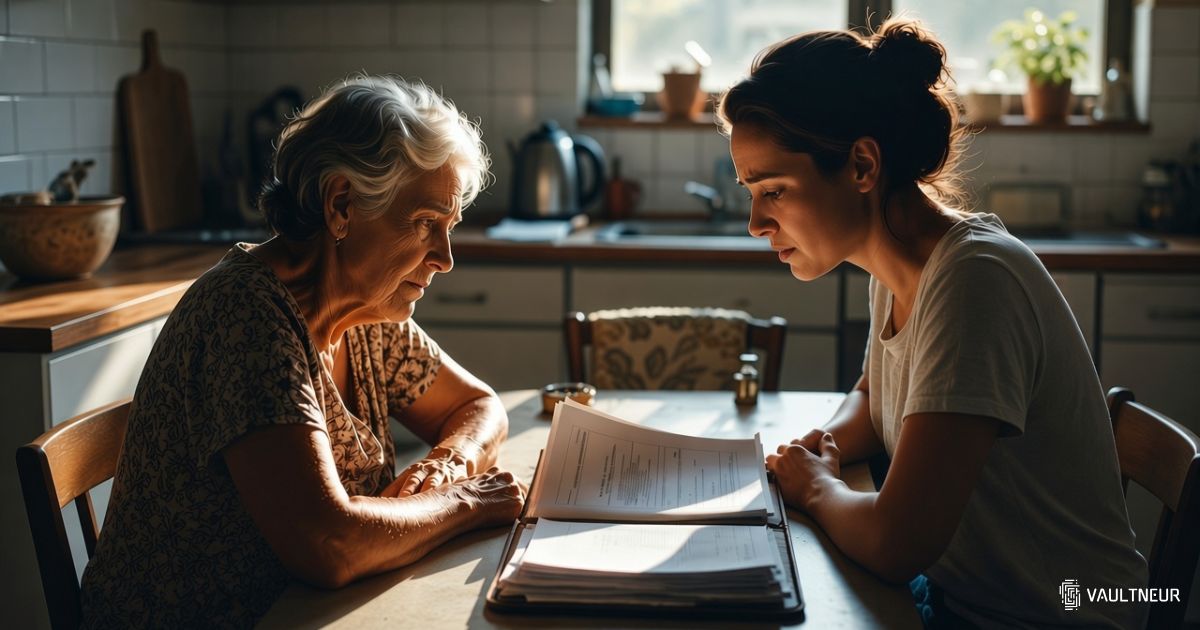 An older woman and her adult daughter sitting at a kitchen table with a document folder open between them
